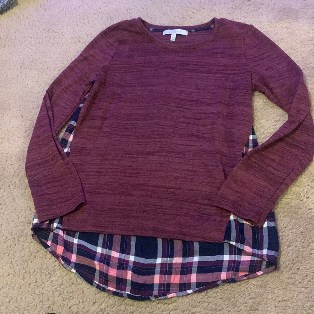Maroon, plaid back long sleeve shirt
